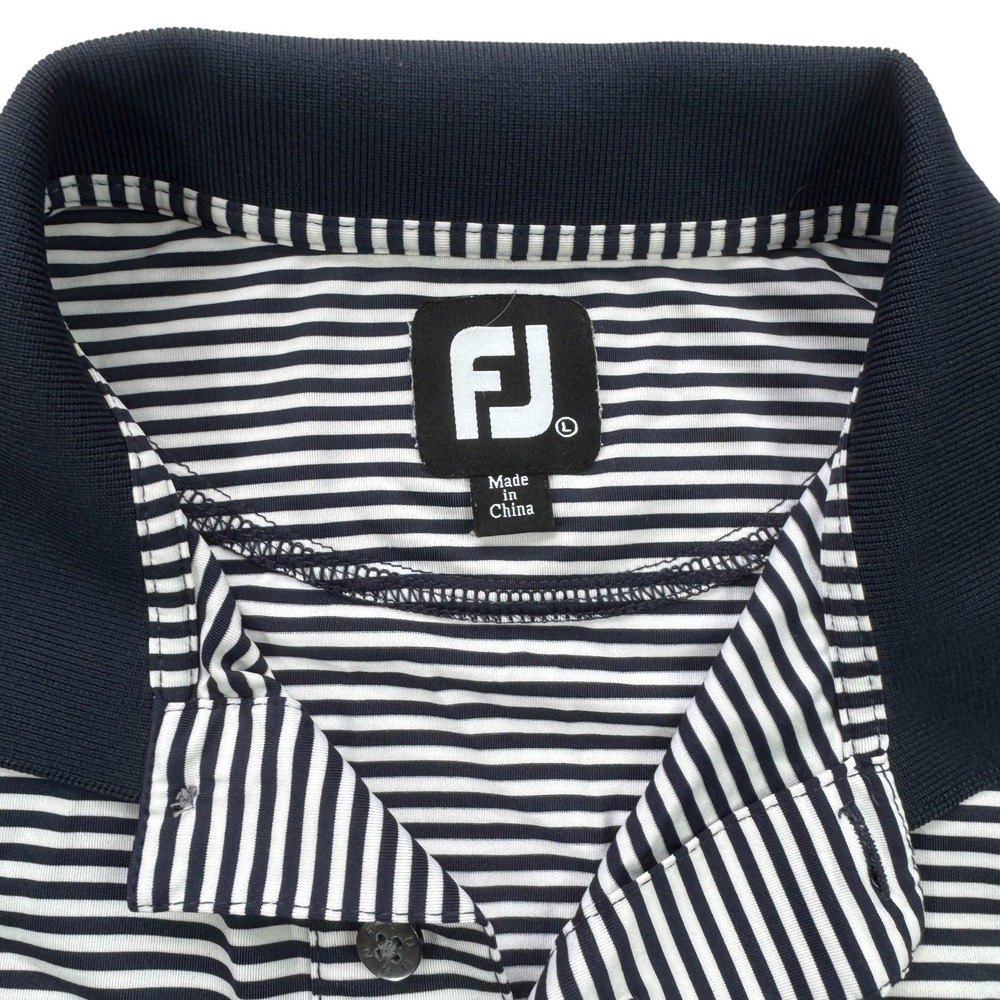 FootJoy Performance Golf Polo Shirt Mens L Navy Blue White Stripe Golf Script H - Picture 9 of 11